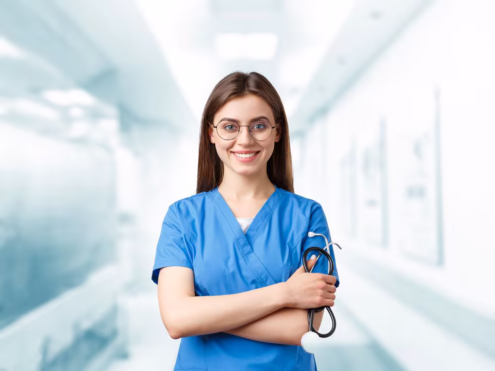 Young Australian nurse in a modern hospital corridor